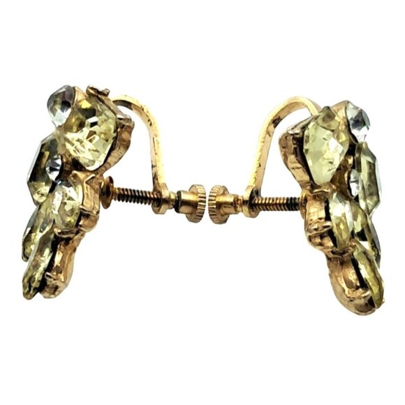 Yellow Rhinestone Earrings Clear Accents Screw Ons Vintage Costume Jewelry - Picture 3 of 6